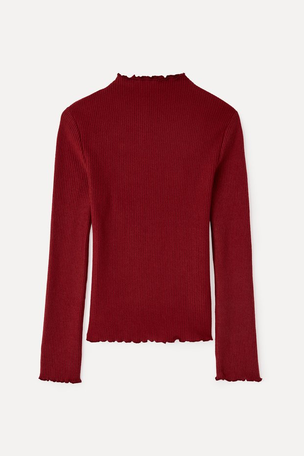 Women's Red Fitted High Neck Long Sleeve T-Shirt