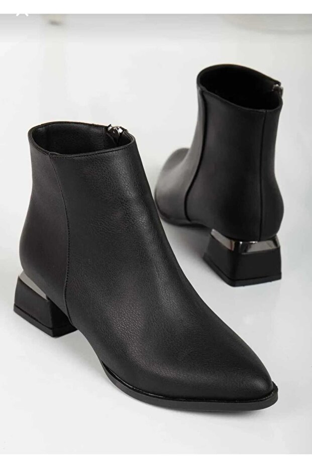 Black Leather Women's Heeled Flat Pointed Boots-Bootie Heel 4 cm