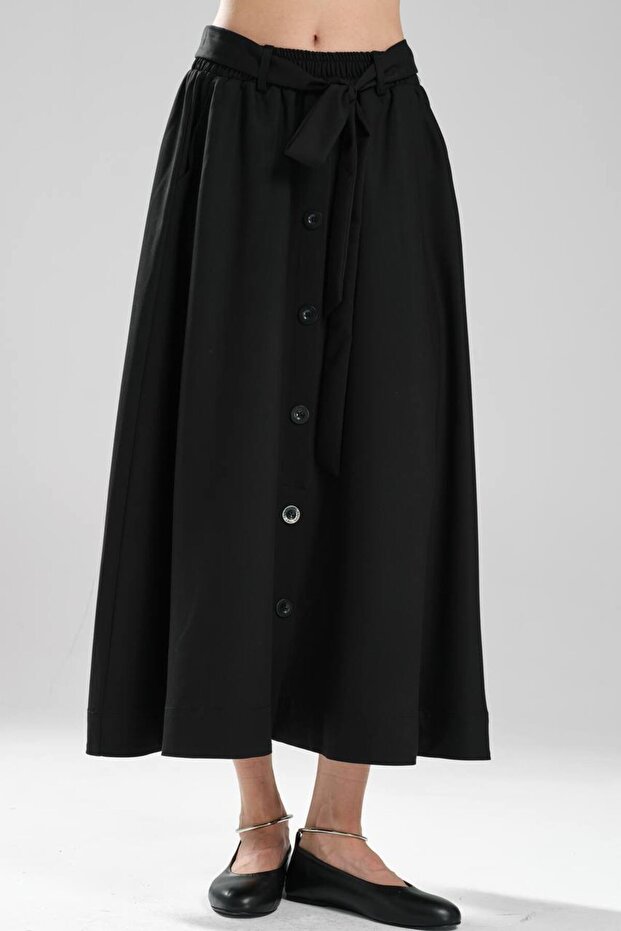 Women's Front Buttoned Belted Design Long Skirt