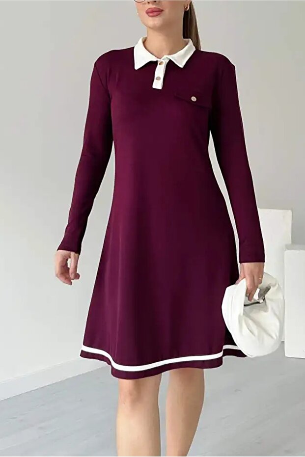 Polo Neck Long Sleeve Modal Dress with Hem Piping