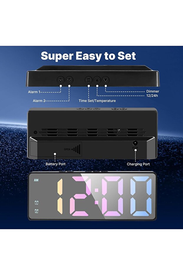 MEPOWER LED Digital Alarm Clock 16W x 6.1H cm with Large Display, USB Charging, Alarms - 6