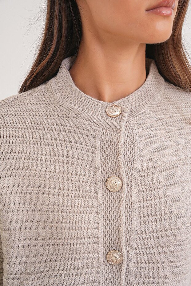 6778 Kadın Links Desenli Crop Triko Hırka Taş - 6