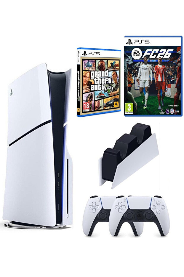 Sony Playstation 5 Slim +2.kol Dualsense +Şarj istasyonu +PS5 FC26 + GTA V