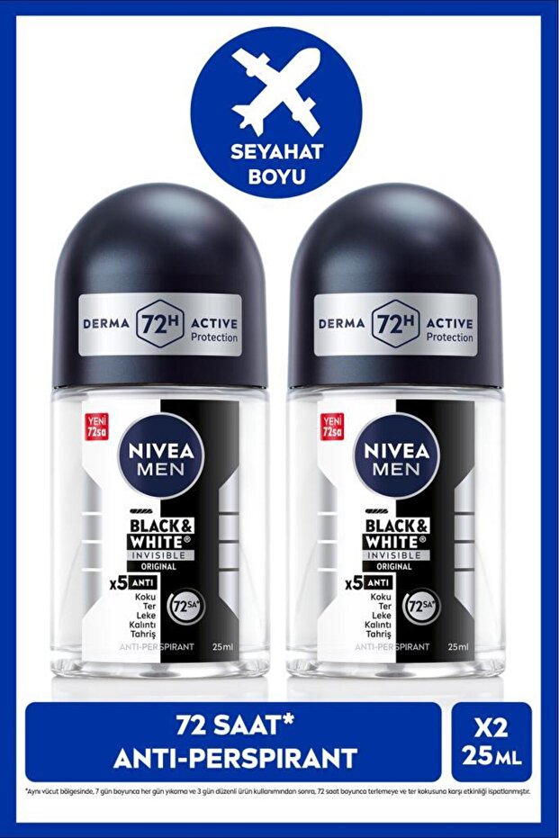 NIVEA MEN Erkek Roll-on Deodorant Black&White Invisible Original 25ml,72 Saat Anti-perspirant Ter Koruması
