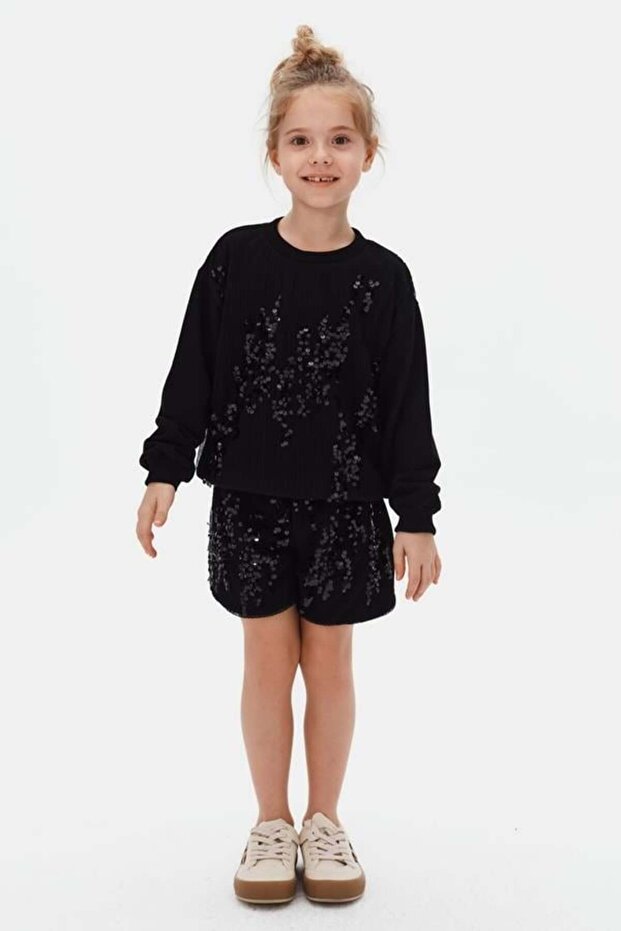 Kız Çocuk Pullu Sweatshirt 4-8 Yaş Siyah - 1