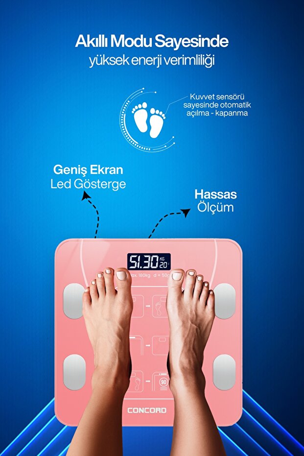 Dijital Baskül Yağ Su Kas Vücut Kitle Endeksi Kilo Ölçer 2 Ad.Pil Hediyeli Smartness Tartı- Pembe - 5