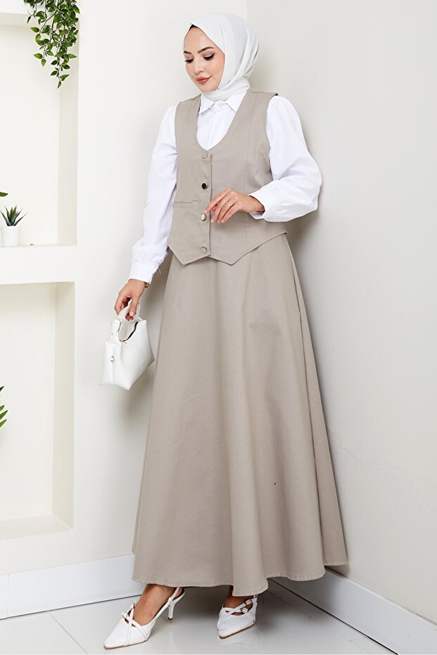 Double Gabardine Vest Skirt Set 1400 - Stone