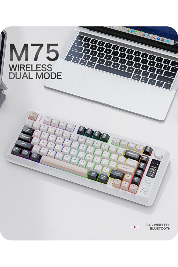 M75 kablosuz 2.4ghz kablosuz + bt çift Modlu klavye Led Ekranlı oyun klavyesi ile PBT Knob Rainbow - 1