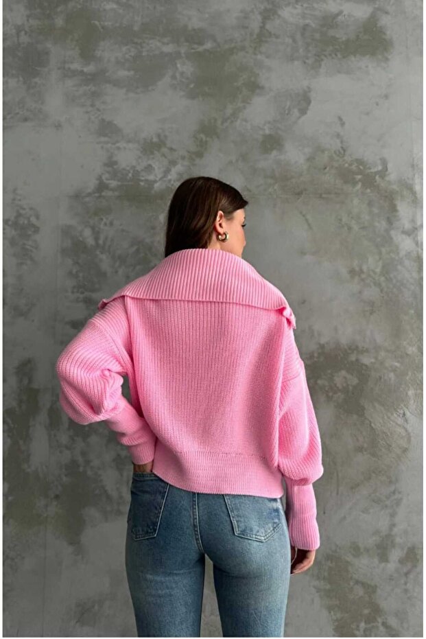 Lacivert Devrik Yaka Fermuarlı Triko Hırka - 3