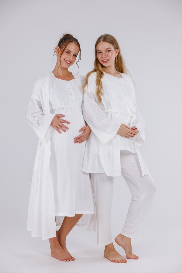 Women's Ecru Striped Linen Maternity Nightgown Dressing Gown Pajama Set 5-Piece Set