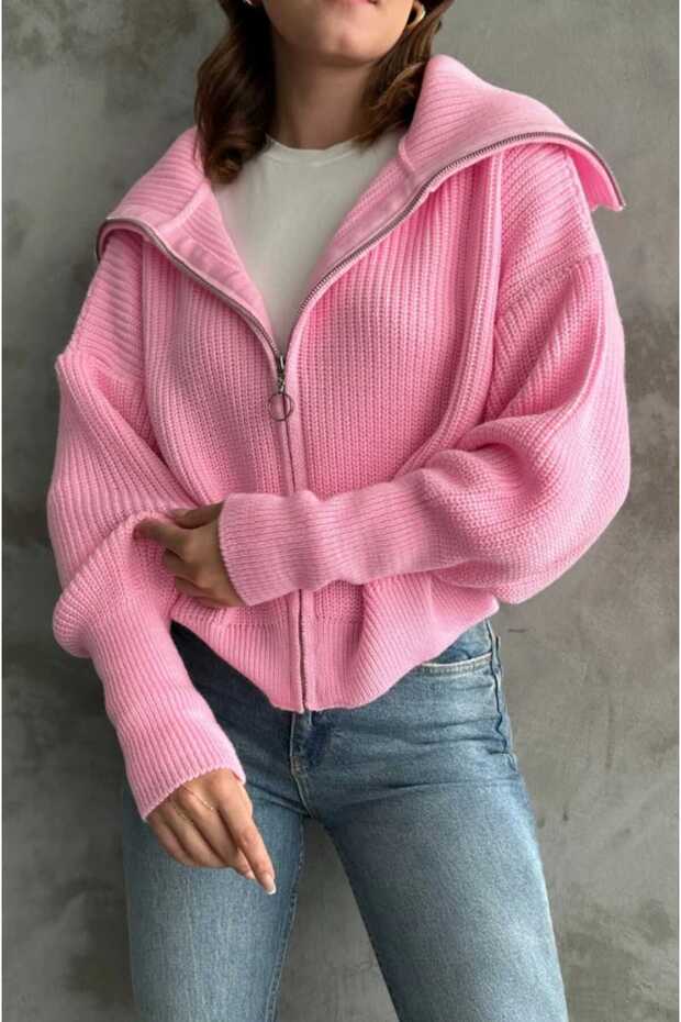 Lacivert Devrik Yaka Fermuarlı Triko Hırka - 2