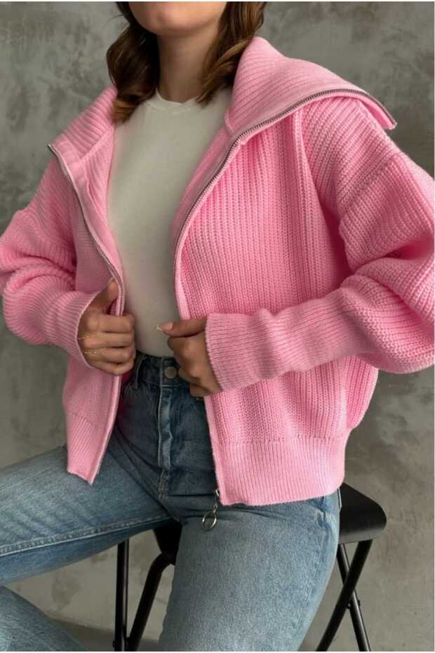 Lacivert Devrik Yaka Fermuarlı Triko Hırka - 6