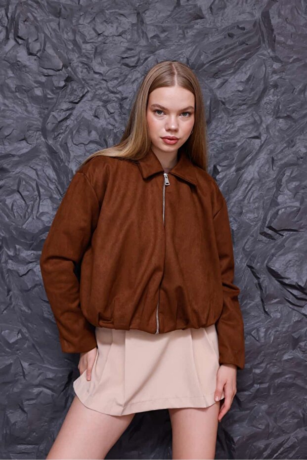 سترة من جلد الغزال البني بسحاب - 4