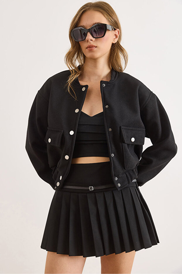 Women's Black Lined Pocketed Cashmere Bomber Jacket Ckt-19000476