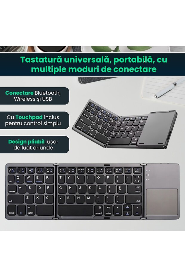 Universal Foldable Keyboard with Integrated Touchpad, Bluetooth 3.0, Wireless and USB, Ultra-Slim - 2