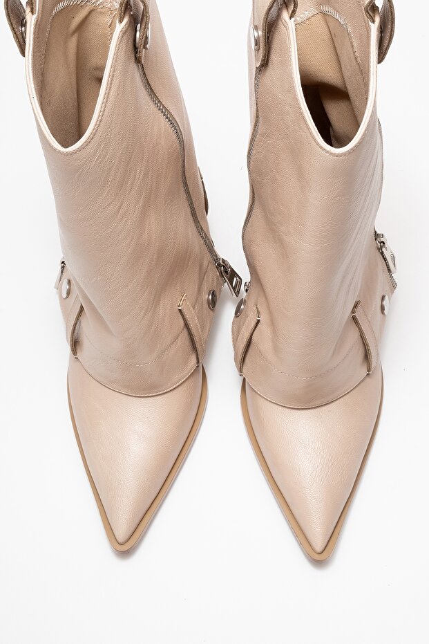 LOLA bézs színű, cipzáras, hegyes orrú női sarkú csizma - 2