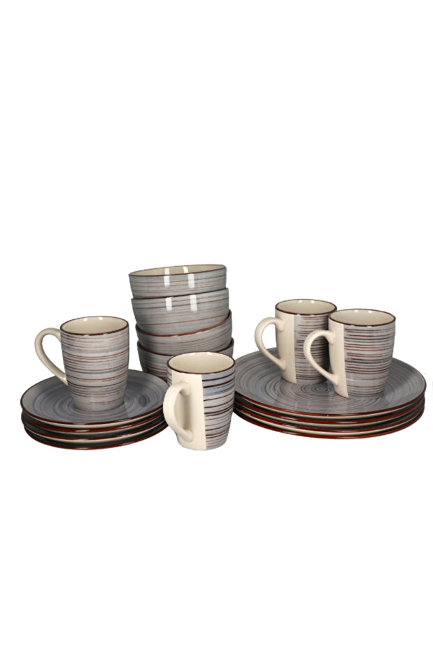 طقم عشاء من الفخار بنمط مخطط، مكون من 16 قطعة - 1
