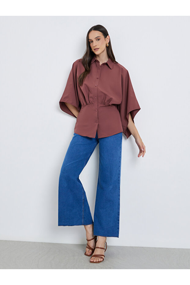 قميص سادة بأكمام كيمونو وأزرار - 2