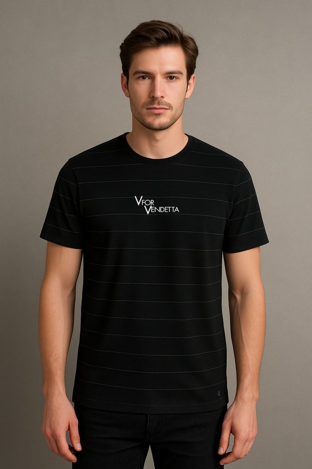 V for Vendetta Film Printed Striped Crew Neck Unisex Black T-Shirt T-Shirt