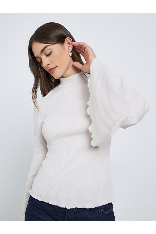 Off White Ribbed Knit Flared Sleeve Top