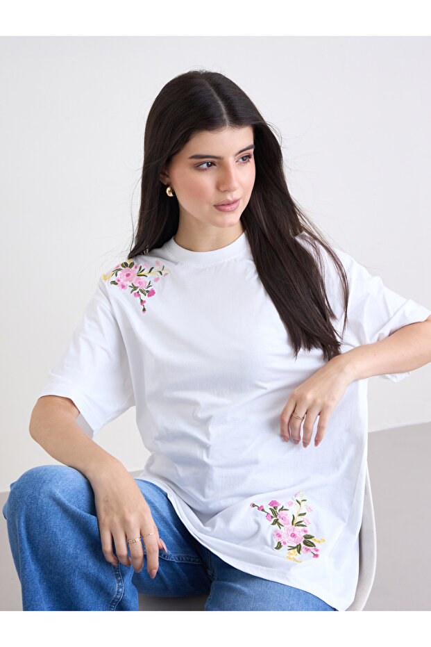 White Embroidered Panel Oversized T-Shirt