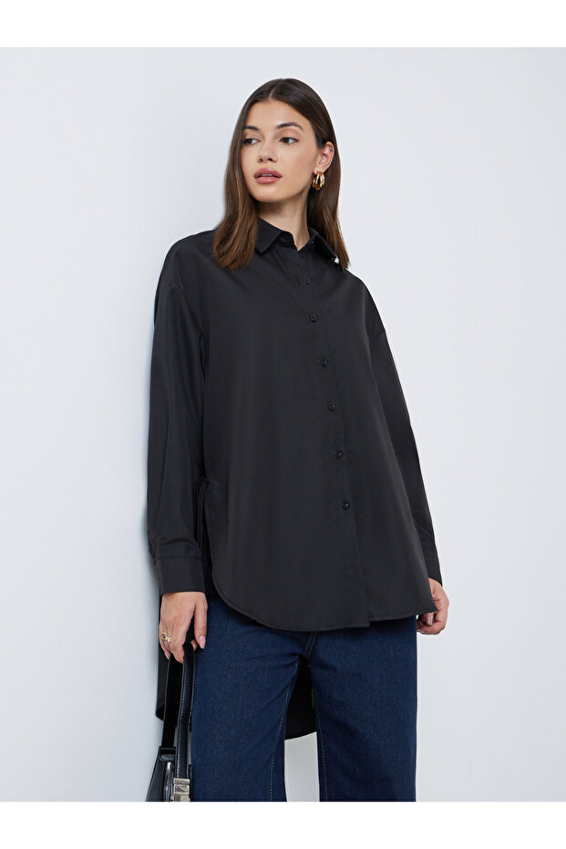 Oversized High-Low Hem Shirt with Tie Detail
