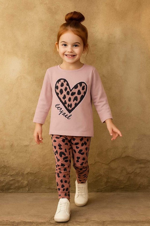 Girl's Leopard Print Two-Piece Set (Sweatshirt + Leggings) – Heart Patterned