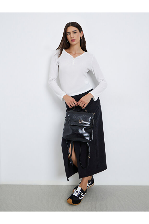 White Solid Half-Placket Waffle Knit Top - 2