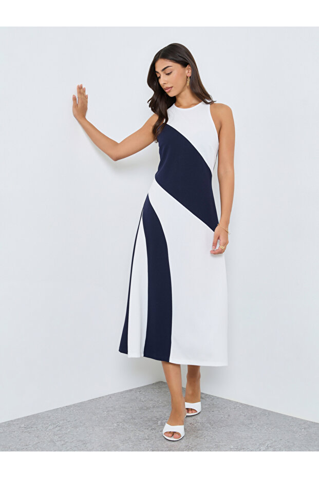 Color Block Sleeveless A-Line Midi Dress