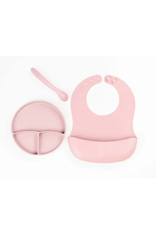 Pink 3-Piece Silicone Dinnerware Set - Bib + Teething Spoon + Vacuum Plate