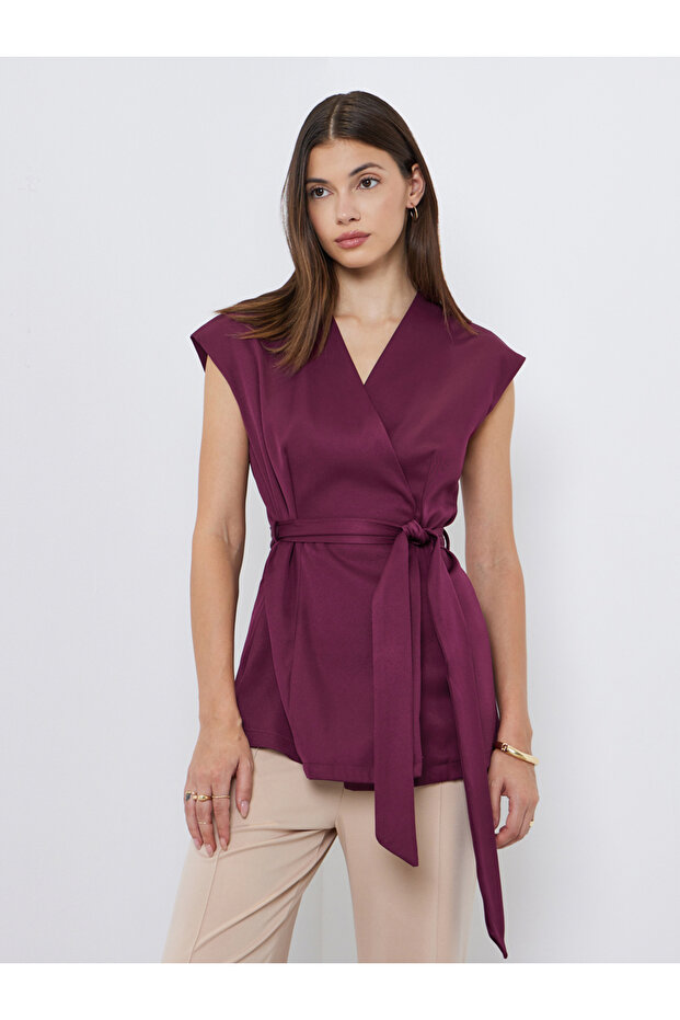 Women Burgundy Sleeveless Wrap Top