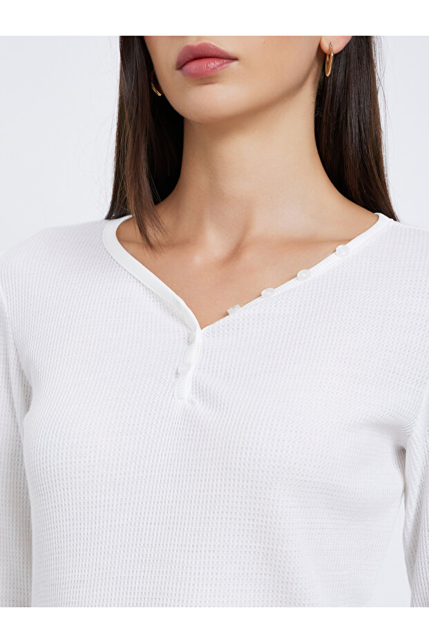 White Solid Half-Placket Waffle Knit Top - 4