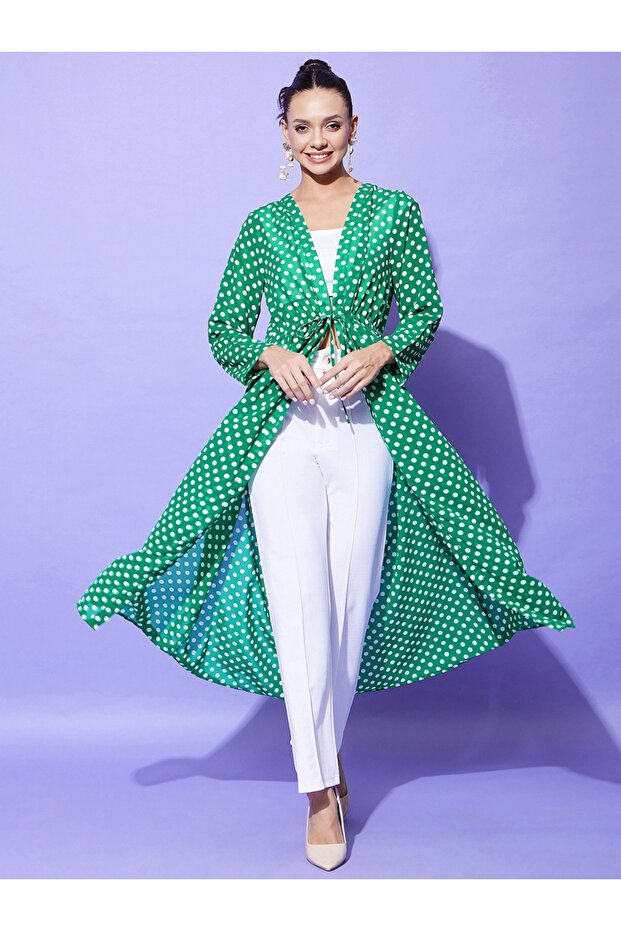 Green Polka Dot Print Long Sleeve Shrug