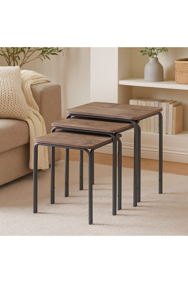 A set of side tables with a modern design, a wooden top and black metal legs, practical and suitable for various uses. - 1