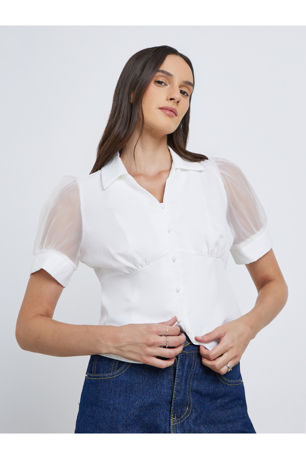 Mesh Insert Puff Sleeve Buttoned Top - 3