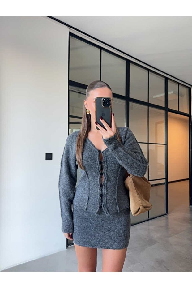 Buttoned Cardigan Mini Skirt Anthracite Knitwear Set