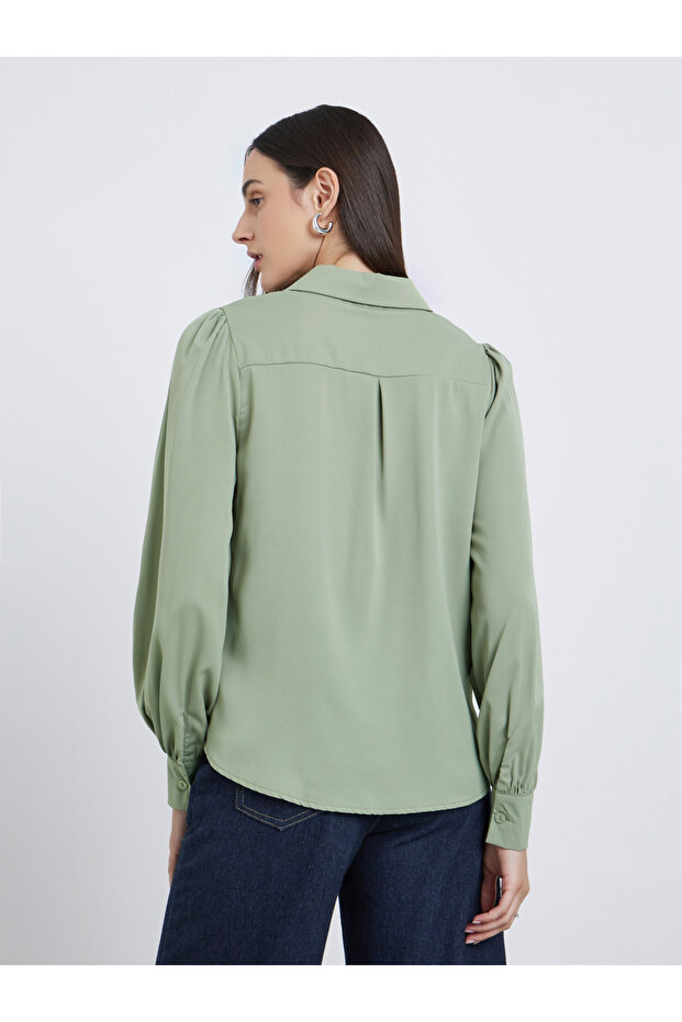 Solid Front Button Balloon Sleeve Blouse - 4