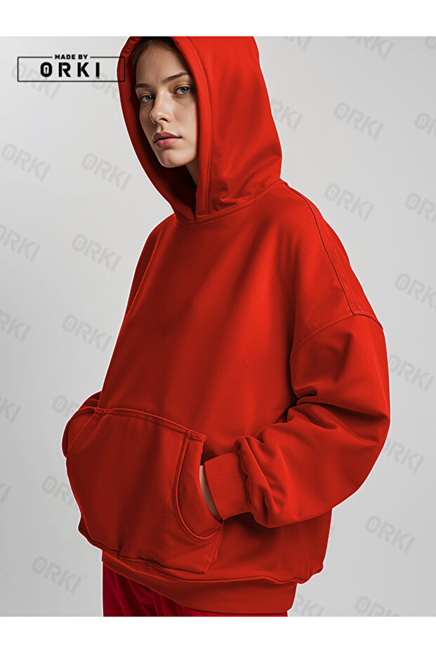 Unisex Red Oversize Hooded Sweatshirt Hoodie