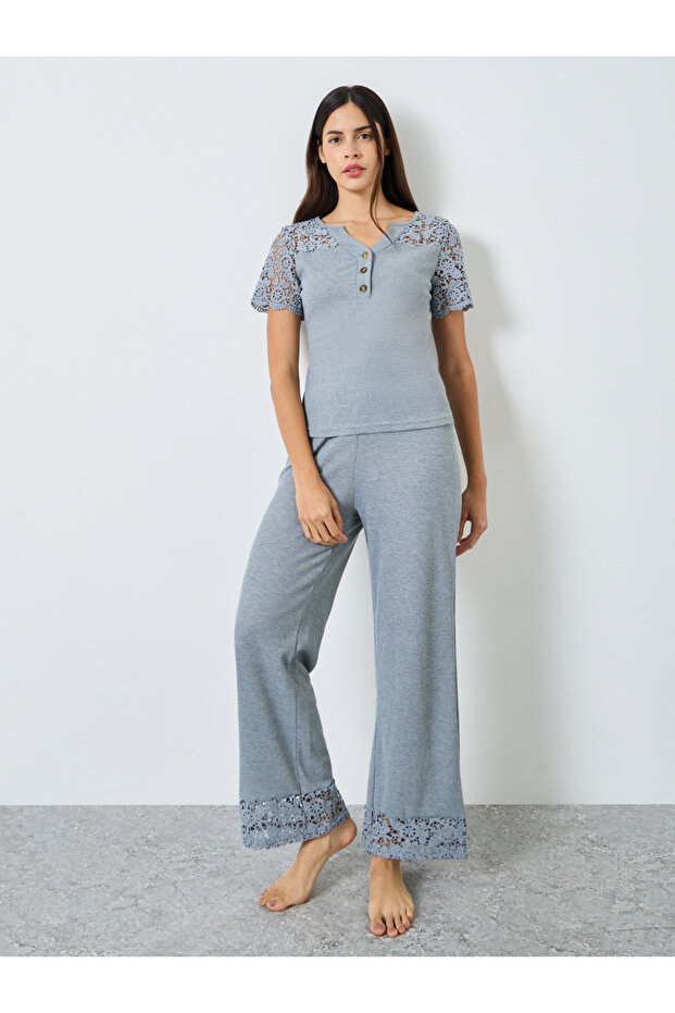 Crochet Lace Sleeve Rib Placket T-Shirt and Pyjama Set