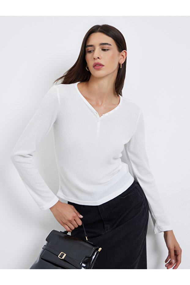 White Solid Half-Placket Waffle Knit Top - 3