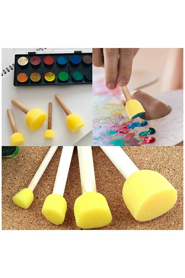 Sponge Brush, Tampon Brush Set, 4 Pieces, Pompom Brush, Wooden Handle