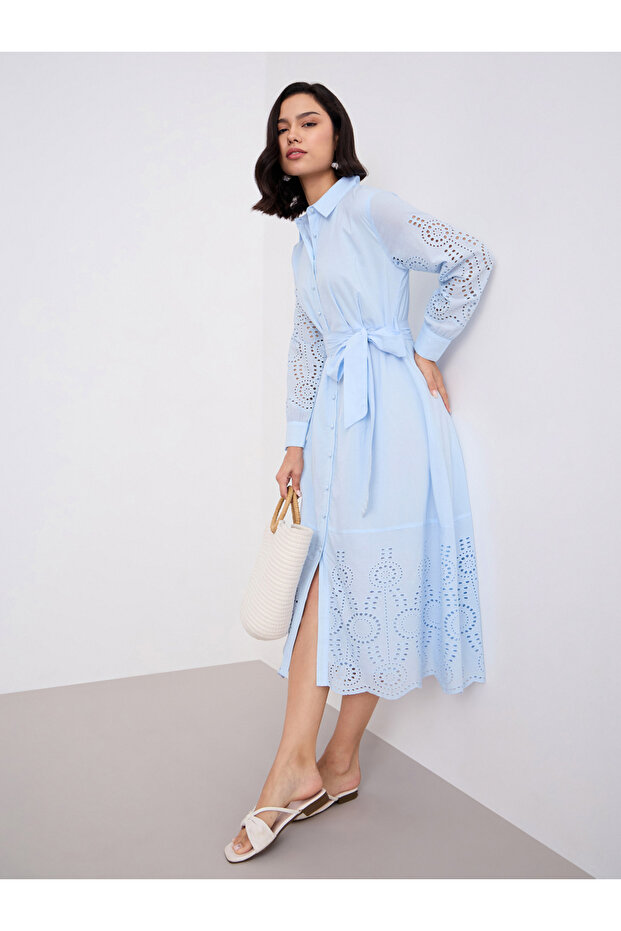 Light Blue Schiffli Shirt Midi Dress