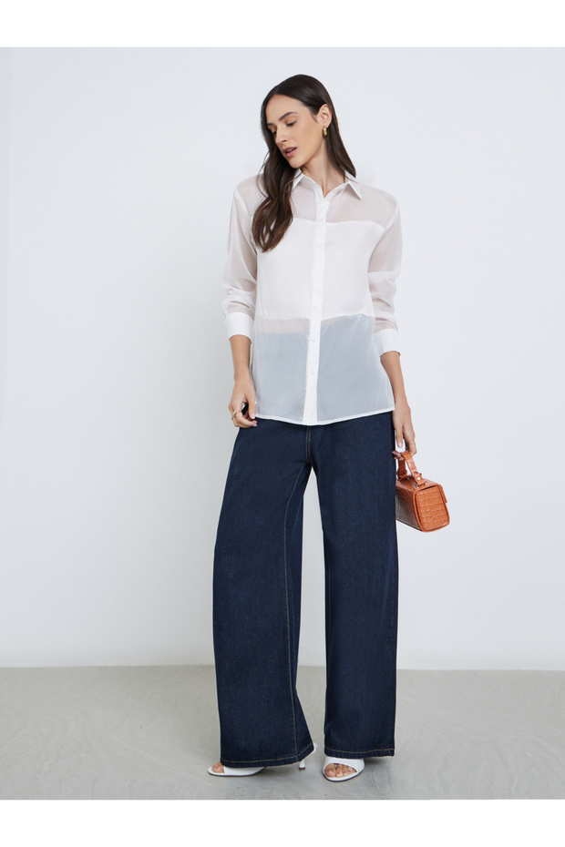 قميص سادة بياقة واسعة وأزرار - 2