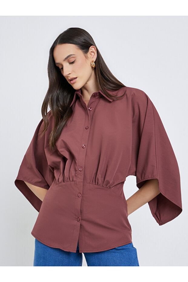 قميص سادة بأكمام كيمونو وأزرار - 1