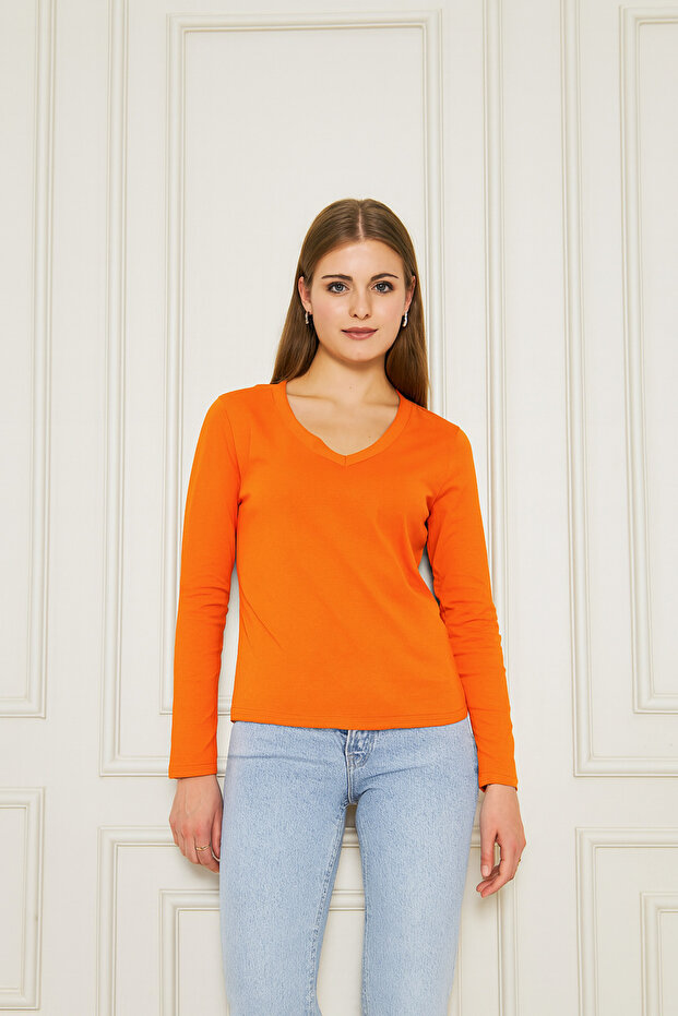 Kadın V Yaka Uzun Kol Basic Tişört - 3