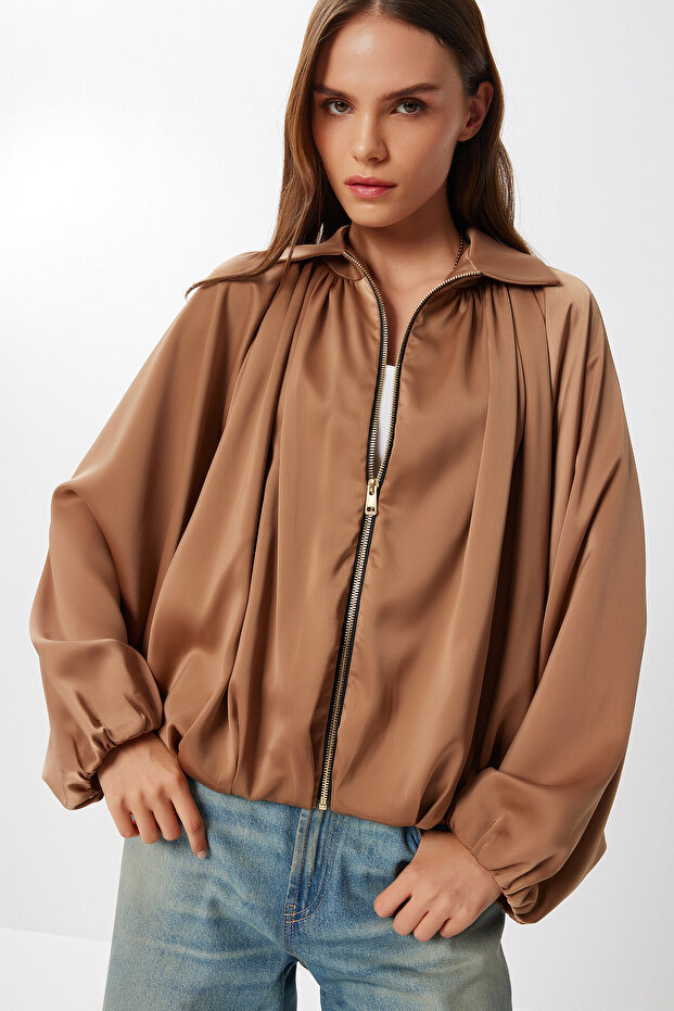 Fluffy Satin Surface Bomber Jacket Lmw0033 Camel