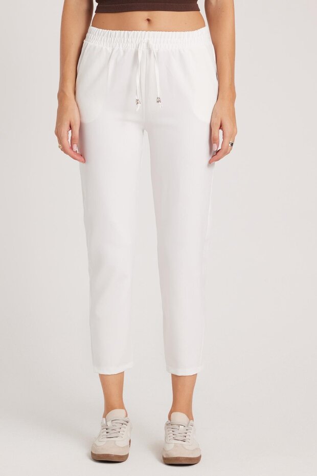 Women's Relax Fit Comfortable Cut High Waist Narrow Leg Elastic Waist Lace-Up White Pants