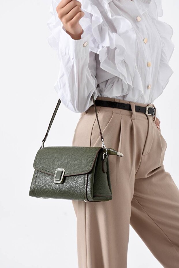 Women's Stylish Designed Khaki Buckle Detailed Hand and Shoulder Bag