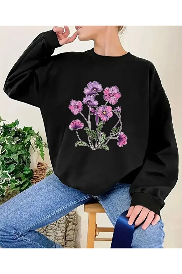 Purple Flower Bunch Print Detailed Crew Neck Sweatshirt with Fleece Inside