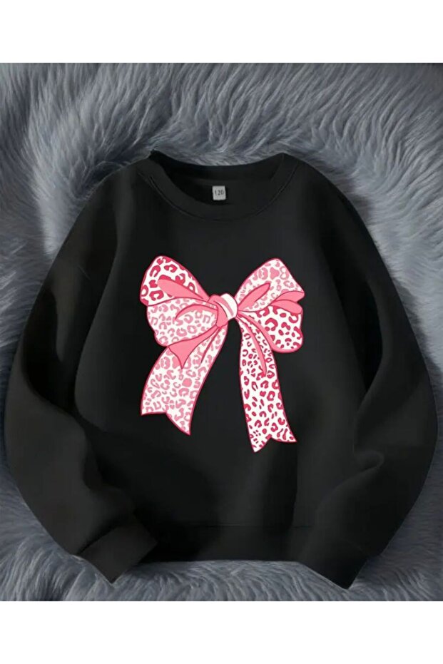 Pink Ribbon Print Detailed Crew Neck Sweatshirt with Fleece Inside
